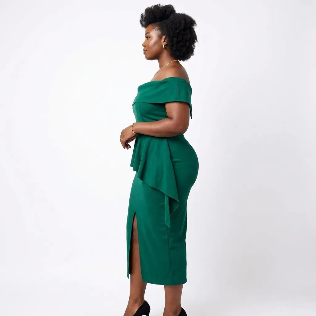 Emerald Green Off-the-Shoulder Peplum Midi Dress - Elegant Cocktail & Evening Wear